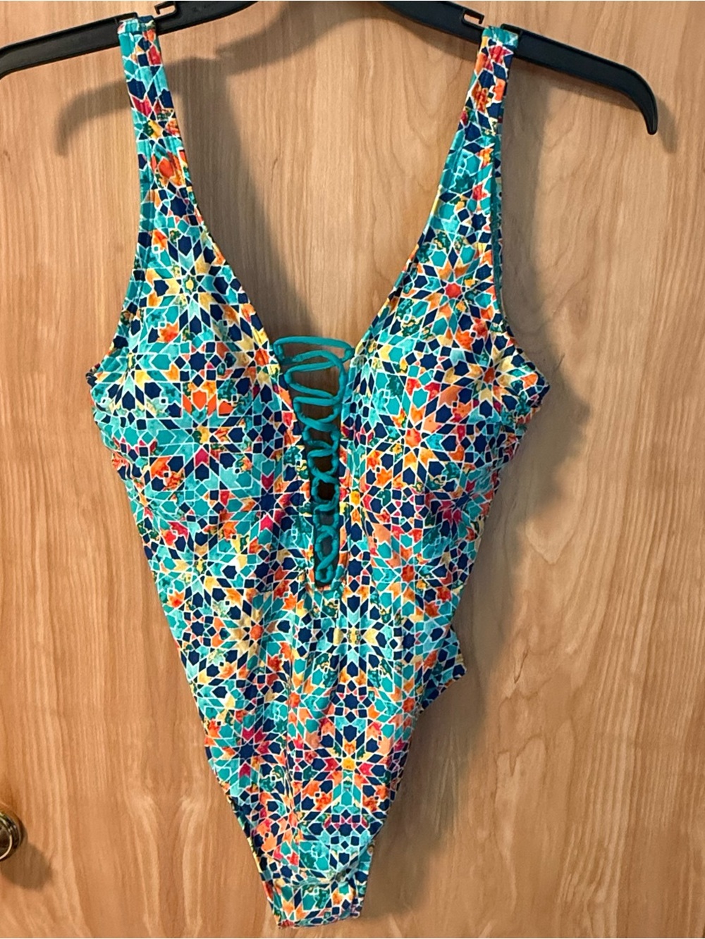 Jantzen Turquoise Mosaic One-Piece Swimsuit with Lace-Up Front